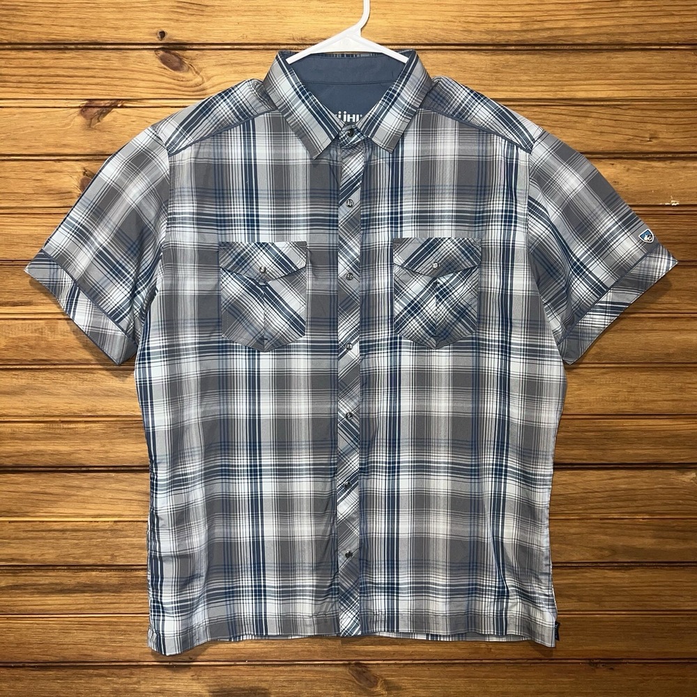 Kuhl Pearl Snap Shirt Mens Medium Blue Eluxur Plaid Short Sleeve Outdoor Casual
